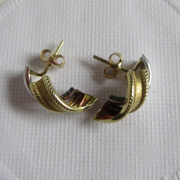 2 Tone, 585/14k, Yellow & White Gold Stud Earrings, Rope & Ribbon design - Picture 5 of 8